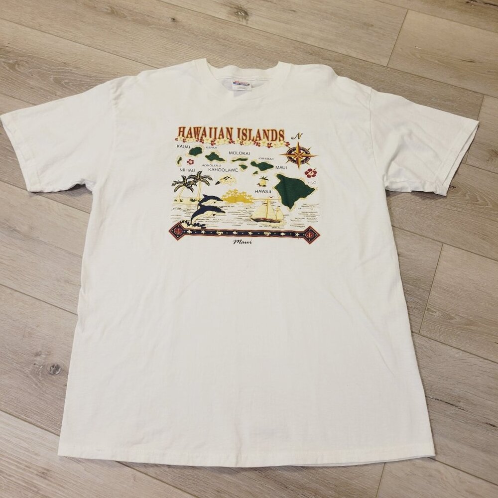 Vtg Hawaiian Island Tropical Map Maui Souvenir Short Sleeve Shirt Sz Large